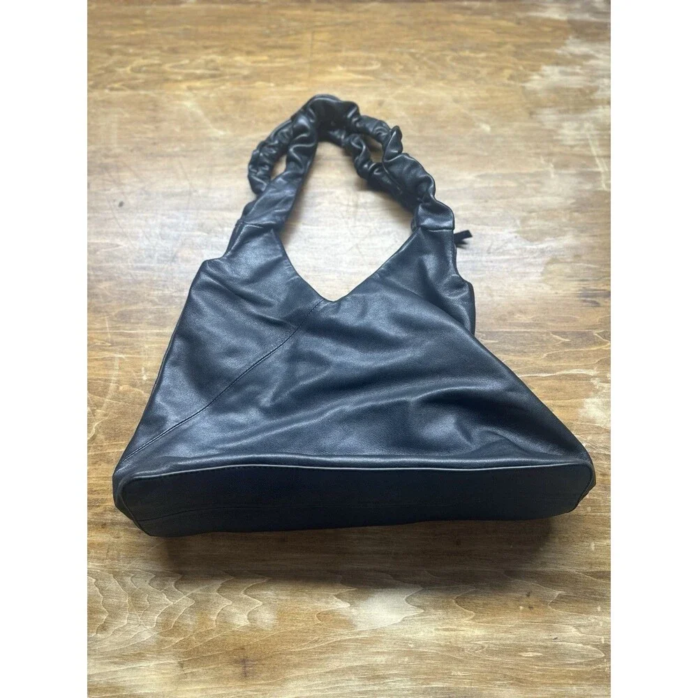 Vince Camuto Hobo Genuine Black Leather Bag Purse Scrunchy Handles